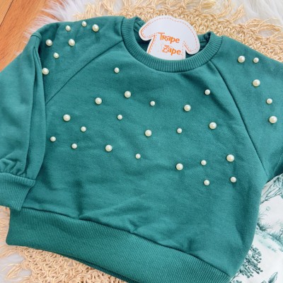 Conj. Casaco com Perolas e Calça de Moletom - Verde e Off White